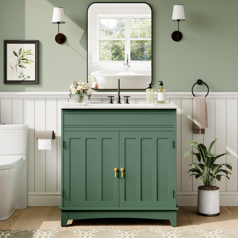 Freestanding Bathroom Vanity with Ceramic Sink, Farmhouse Bathroom Sink Cabinet with Door-mounted Shelves, Green