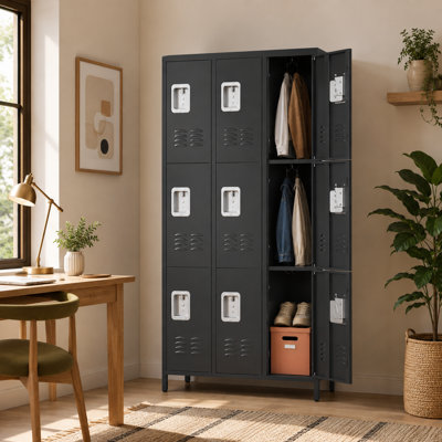 Black 72 Inch 9 Door Metal Locker with Lock, BIFMA Tested Gym Locker Storage Cabinet for Home Office School, Steel Employee Locker with Ventilated Doors, Hooks, and Wall Mount Kit