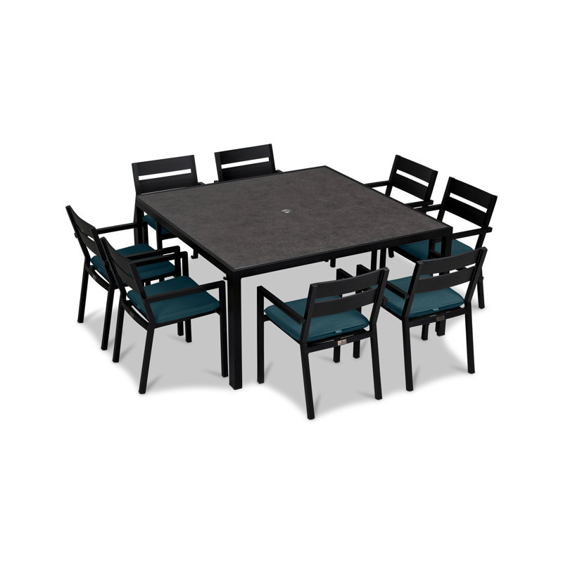 Pacifica Outdoor 9 - Piece Dining Set with Cushions, Cast Lagoon Sunbrella® Plainweave, Black