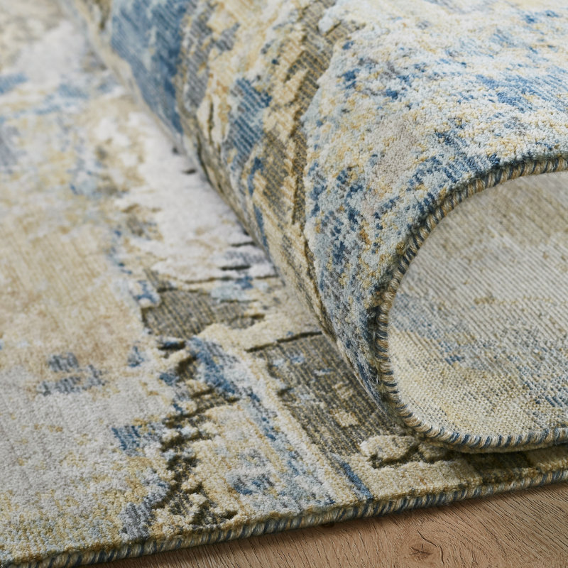 Tapis beige / bleu en laine tissé à la machine Berget, Tapis de couloir 2 pi 6 po x 12 pi
