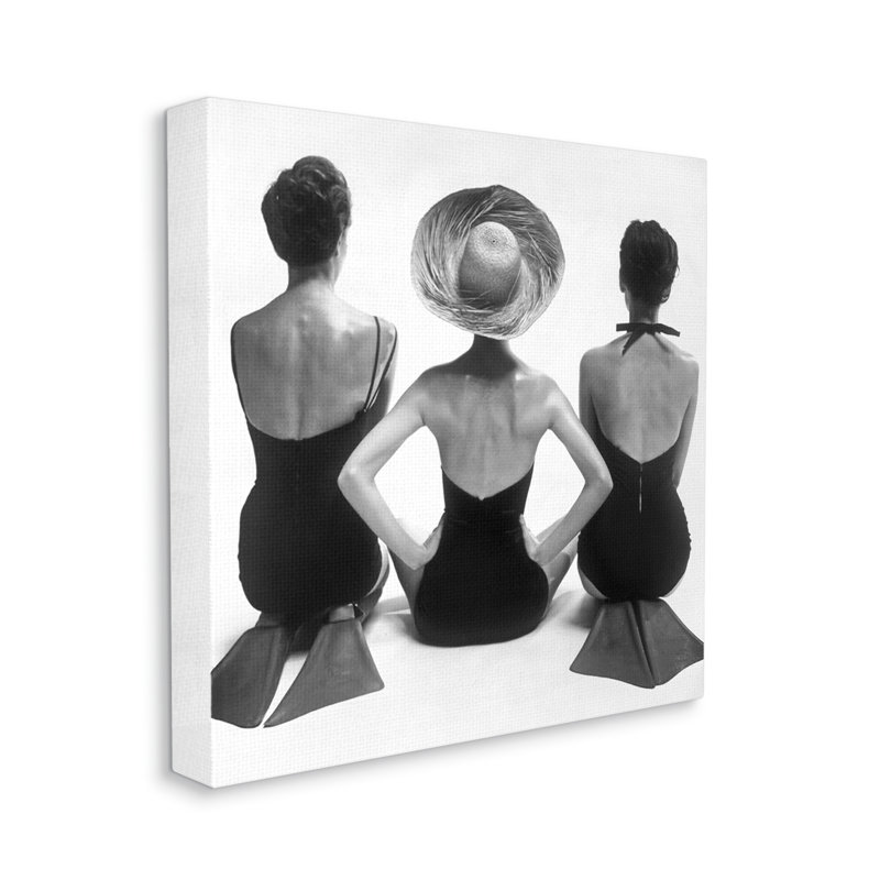 Women Sitting Beach Monochrome Vintage Swimsuits Flippers  Stretched Canvas Wall Art by Graffitee Studios
