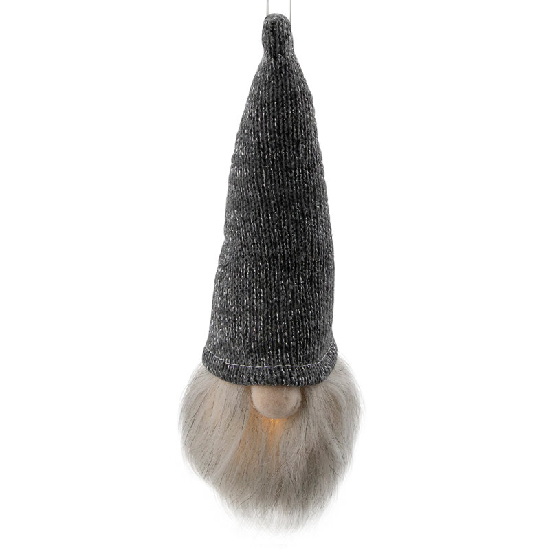 Ornement de Noël en forme de tête de gnome tricoté gris métallique 8 po