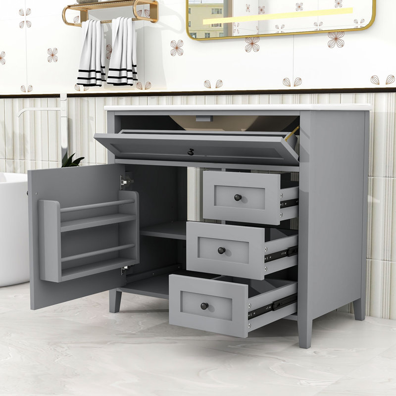 Meuble-lavabo en bois avec lavabo, 3 tiroirs, tablette et portes, Gray, 36"