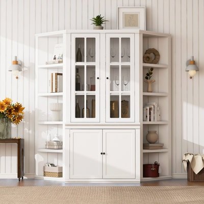 Armoire vitrée de 75,25 po de hauteur et deux tablettes triangulaires, combinaison murale de style rétro de 69,25 po de largeur avec portes en verre, pour les couloirs, le salon, le bureau, le studio ou l'espace de travail