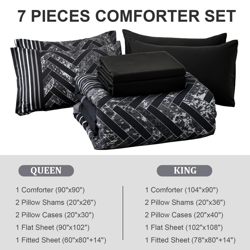 7-Piece Stripe Geometric Comforter Set, Soft Microfiber All-Season Complete Bedding Set, Black