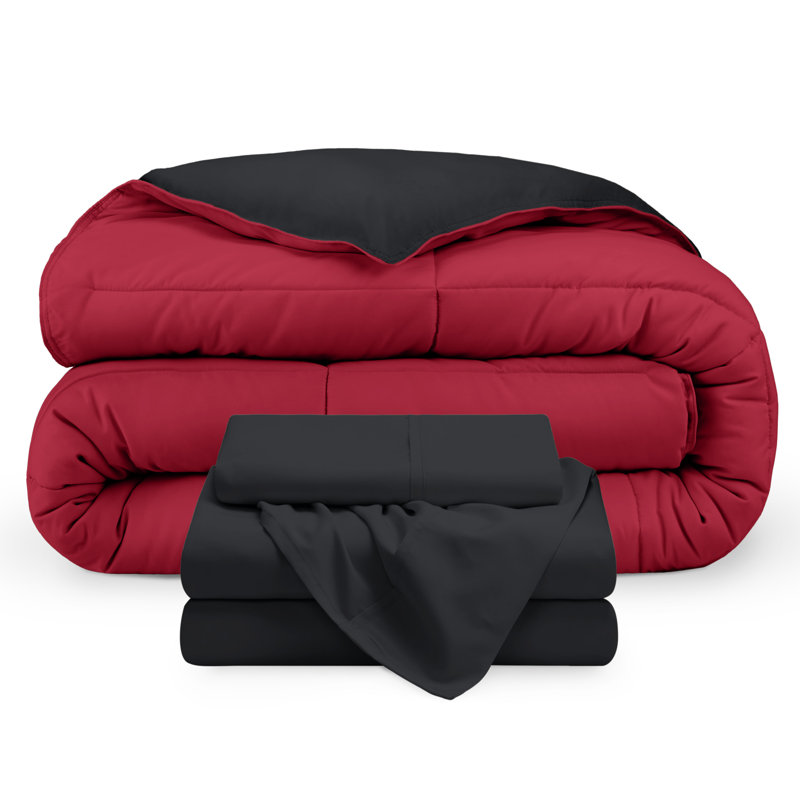Lit dans un sac réversible en microfibre, Noir / rouge, noir, Édredon simple et 1 taie d'oreiller