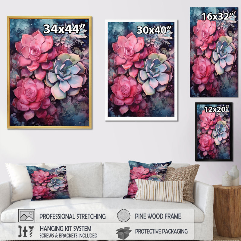Rose, bleu sarcelle, résilience succulente, Cadre naturel flottant, H 32 po x l 16 po x P 1 po