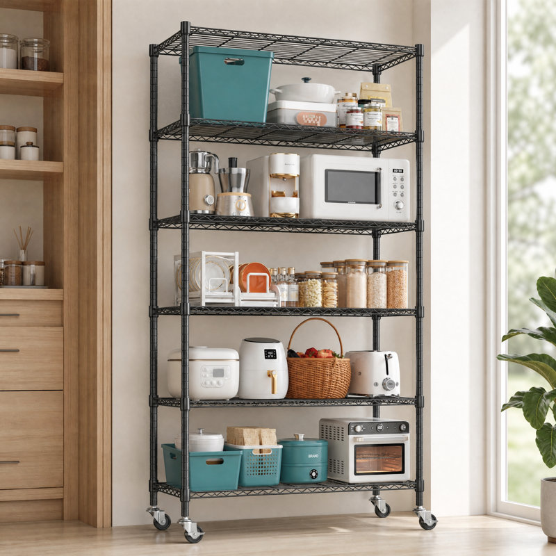 Étagère grillagée à 3 niveaux avec roulettes, support de rangement réglable en métal pour petits espaces, organisateur de rangement robuste pour garde-manger, cuisine, garage, salle de lavage, acier au carbone