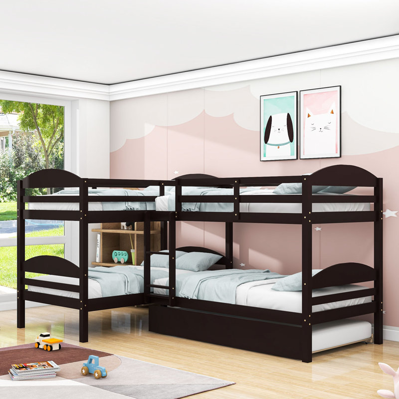 Twin-Over-Twin and Twin L-Shaped Wood Bunk Bed With Trundle, Espresso
