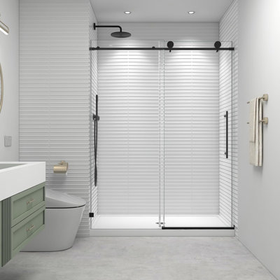 Portes de douche à fermeture en douceur de 60 po x H 73 po noir mat avec verre trempé facile à nettoyer de 8 mm, remplisseur en aluminium, preuve de nano, performance de qualité imperméable améliorée