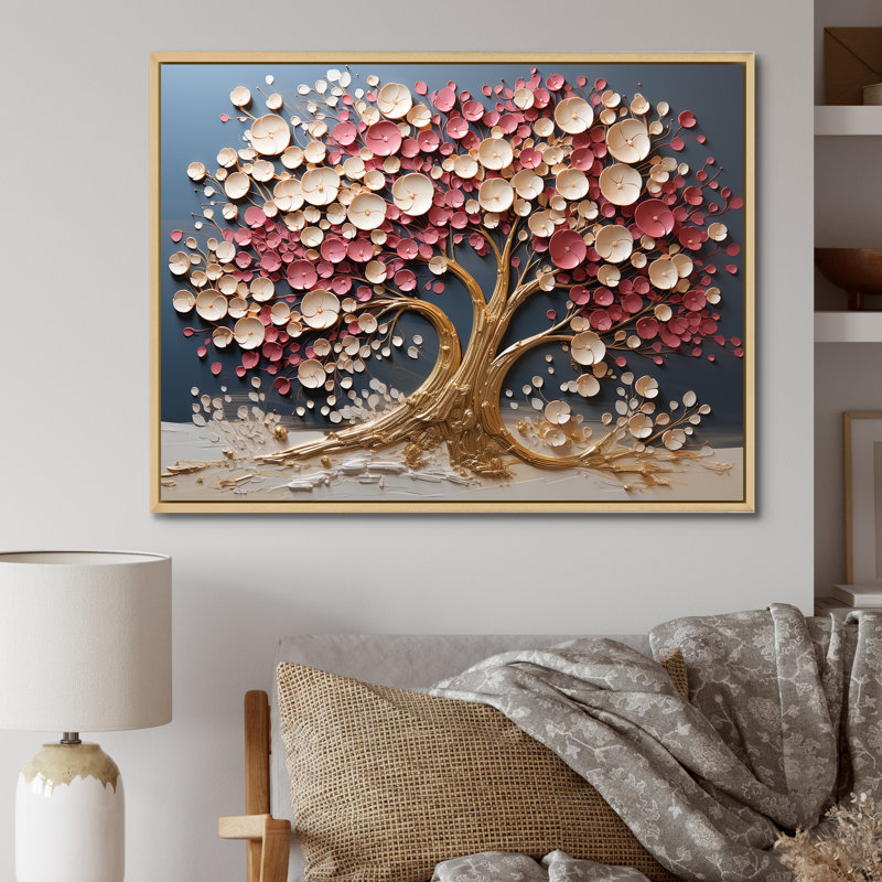 Orchidée rose et or, jardin de branches VI - arbre, art mural, Cadre flottant brun, H 24 po x l 32 po x P 1 po