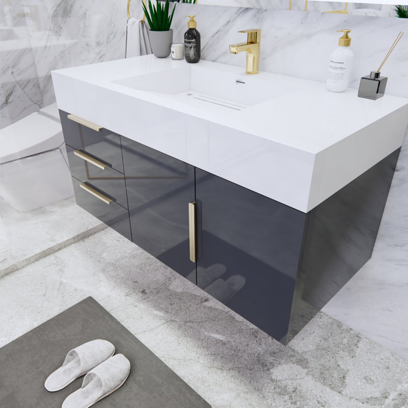 Ensemble de meuble-lavabo simple mural 42 po Glasgow, Gris foncé à haute brillance, Blanc