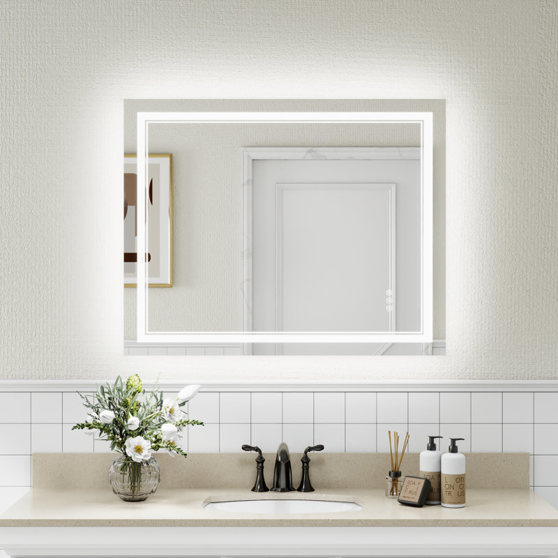 Aolaith Wall Mounted Rectangular Frameless Anti Fog LED Light Bathroom Mirror,Dimmable Vanity Mirror, 32" x 40"