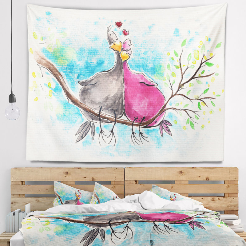 Tapisserie deux oiseaux en amour sur une branche, H 78 po x l 92 po