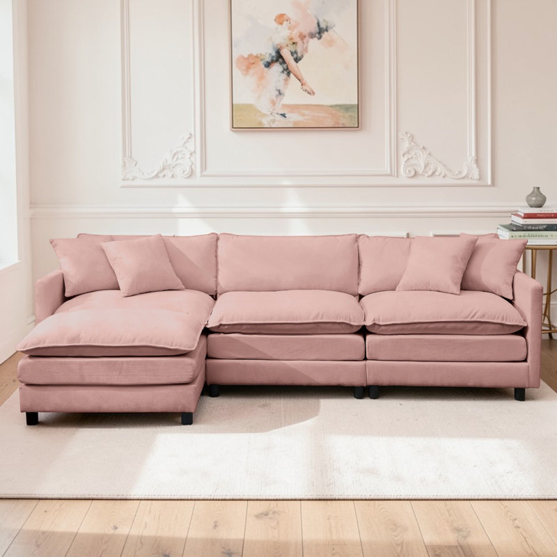 Canapé modulaire en L rembourré en L 108 po avec coussins en mousse compressée avec repose-pieds en mousse Brooklington, Rose