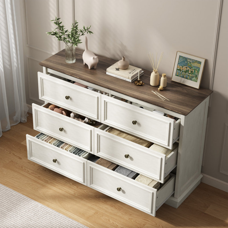 Commode double 6 tiroirs l 47,2 po Valera, Blanc/noyer