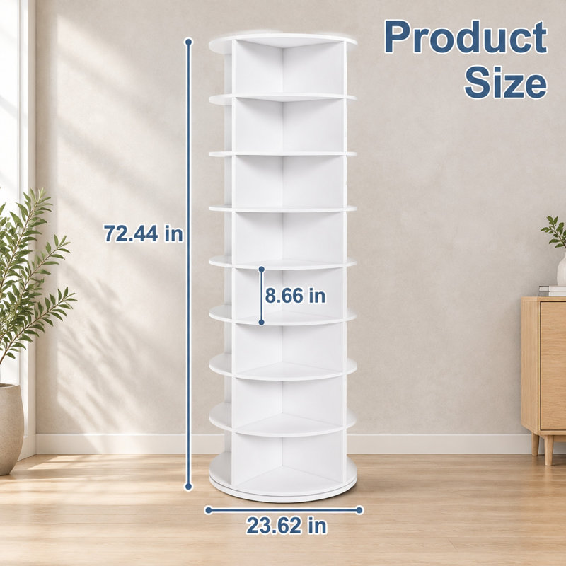 8-Tier Rotating Shoe Rack Tower, 360° Spinning Freestanding Shoe Organiser, Holds up to 32 Pairs, White PVC Revolving Shoe Storage Unit for Hallway Entryway
