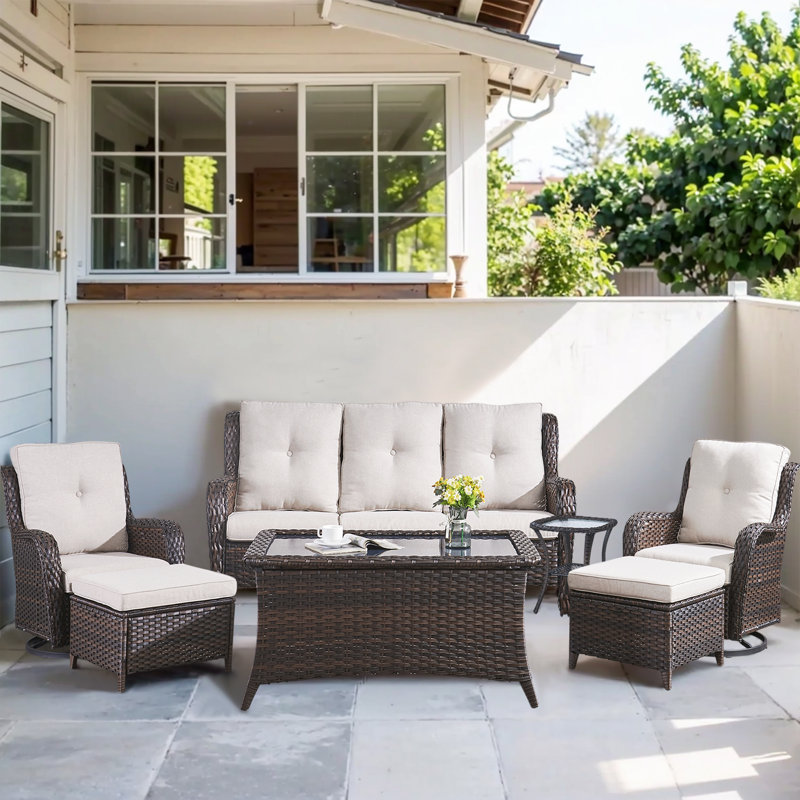 Schutt 7-Piece Outdoor PE Wicker Furniture Set with Swivel Rocker Chairs, Powder-Coated Steel Frame, Olefin Cushions & Tempered Glass Table