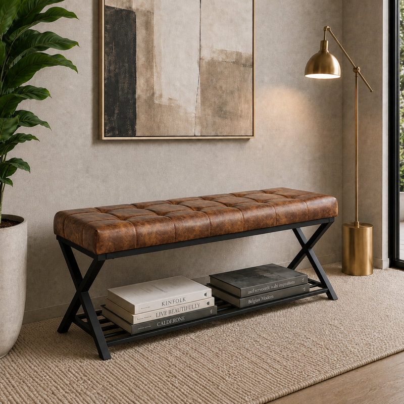 Banc rembourré avec rangement pour chaussures Richia, Brun jaunâtre