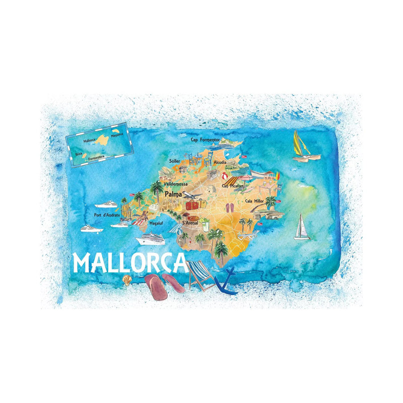 Mallorca Spain Illustrated Map With Landmarks And Highlights by Markus & Martina Bleichner - Painting on Canvas