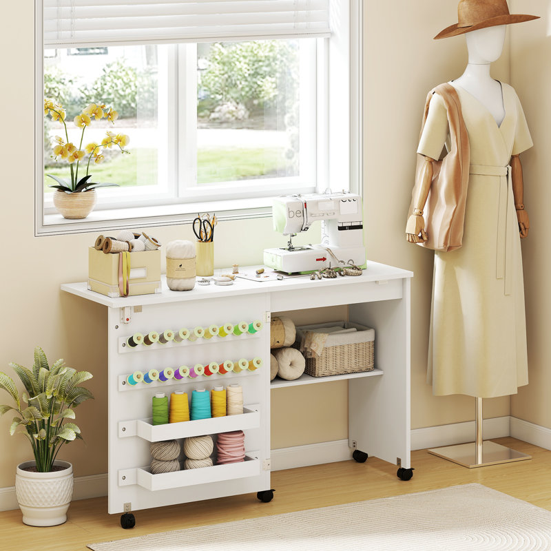 Table de couture pliante, table de bricolage avec rangement, blanc, Blanc