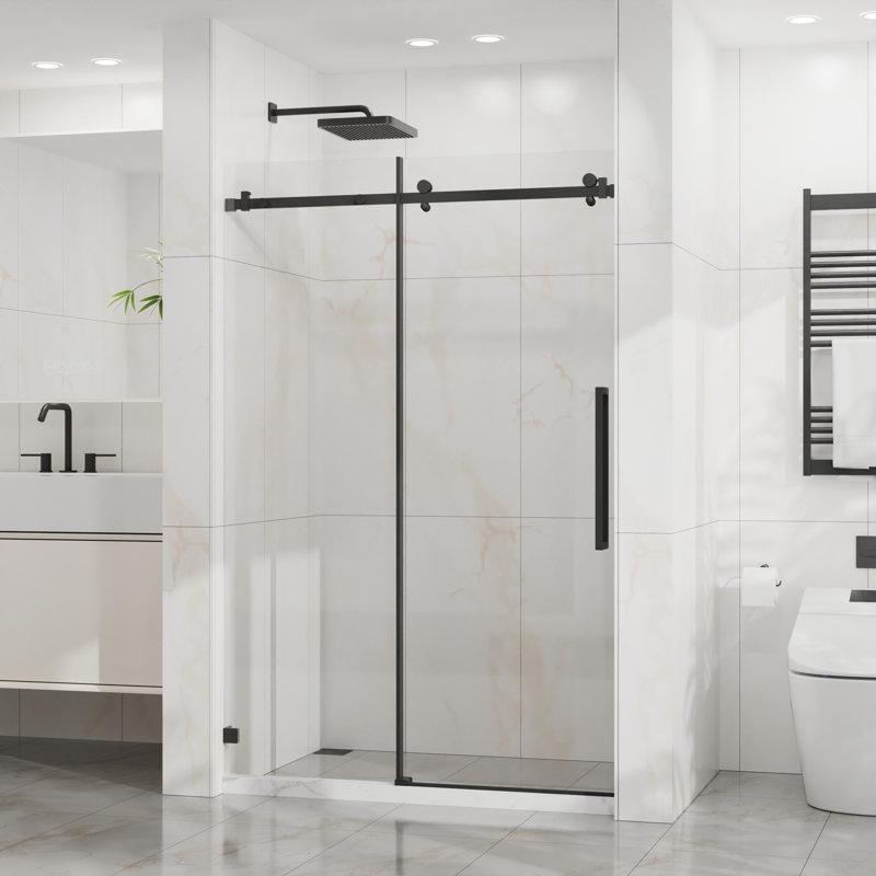 Porte de douche coulissante en verre trempé 6 mm, l 48 po, conception réversible, technologie anti-éclaboussures pour salle de bain noir mat, verre enduit de 6 mm de 6 mm, et lisse
