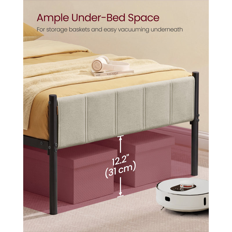 Single Metal Bed Frame with Upholstered Headboard