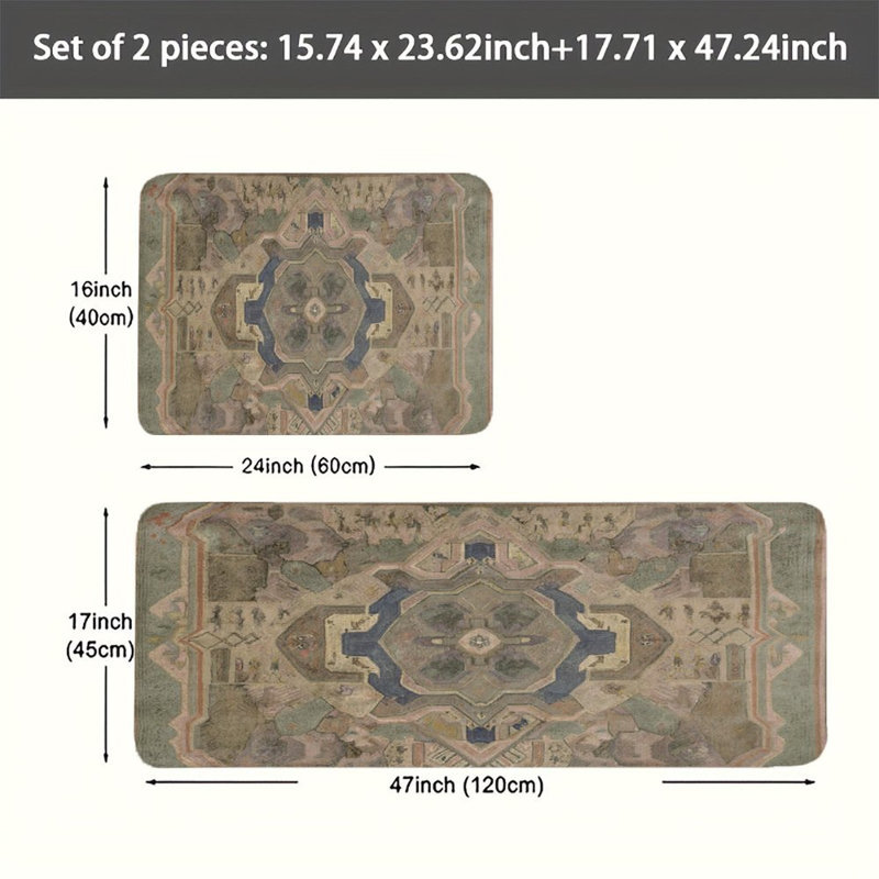 Tapis de cuisine géométrique 2 pièces Antique Palace, Brun oriental