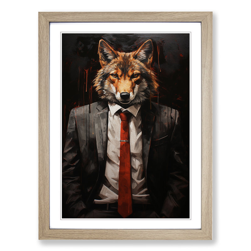 Wolf In A Suit Painting No.3 - Single Picture Frame Print on Wood, 64cm H x 46cm W x 2cm D, Oak