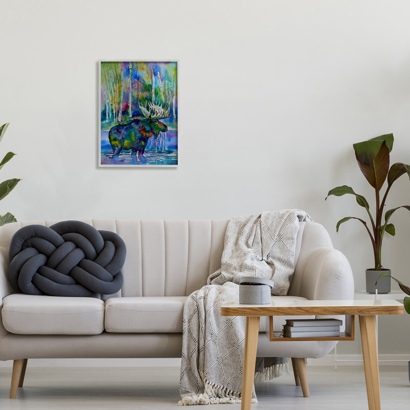 Vibrant Moose Birch Trees Natation Splashing Lake par MB Cunningham - peinture, H 20 po x l 16 po x P 1,5 po