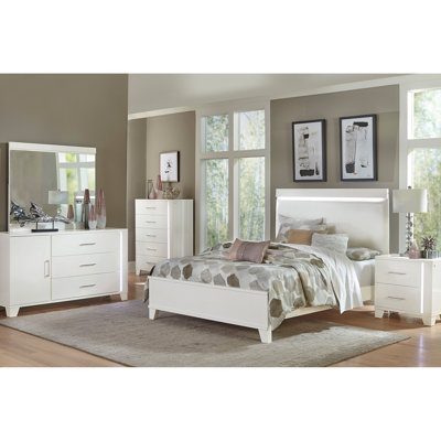 Lit double moderne blanc brillant avec tête de lit à DEL et similicuir avec style et éclairage
