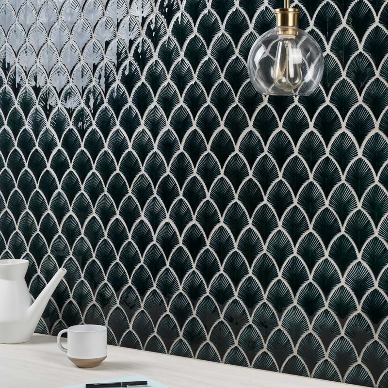 Nabi 3x4 Fishscale Crackled Glossy Glass Mosaic Tile, Midnight Blue