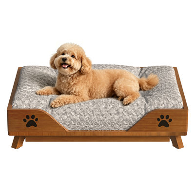 Lit pour chien surélevé en bois massif - cadre de lit pour chien brun de 24 po x 19,3 po avec coussin moelleux lavable, canapé-lit pour chien moderne de style Mid-Century pour petits animaux de compagnie pesant jusqu'à 95 lb, mobilier pour animaux de compagnie durable