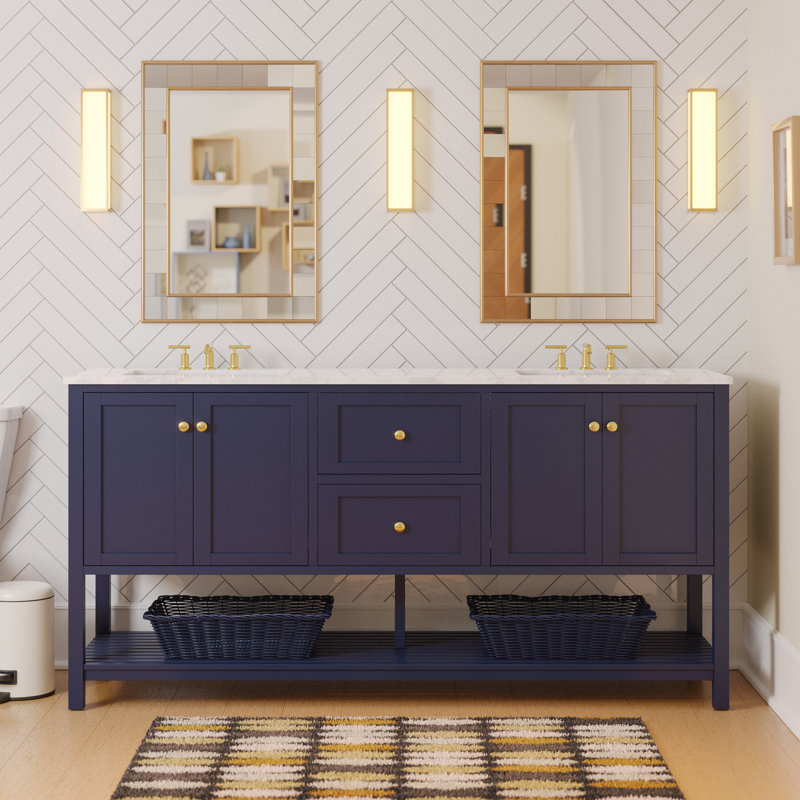 Binne 72'' Double Bathroom Vanity with Top, Royal Blue, Engineered Carrara