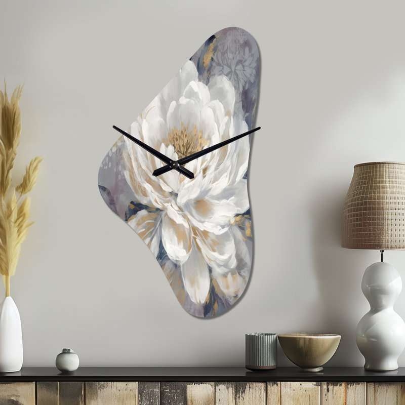 Horloge murale en métal blanc à motif de pivoines - Émotion de pivoine blanche, Médium