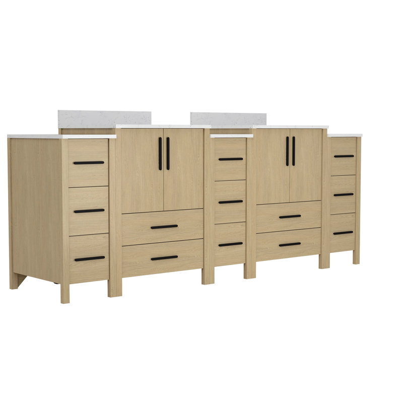 Double Sinks Bathroom Vanity Cabinet,Freestangding storage Vanity Cabinet with White Countertop, 84"