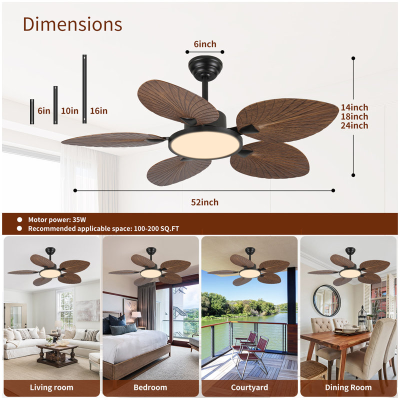 Ventilateur de plafond 52 pouces à feuilles de palmier tropical avec lumières et télécommande