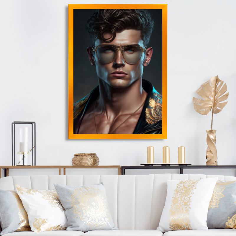 «Fashion Muscular Man with Sun Glasses III», impression sur toile, H 40 po x l 30 po x P 1,5 po, Encadrement doré
