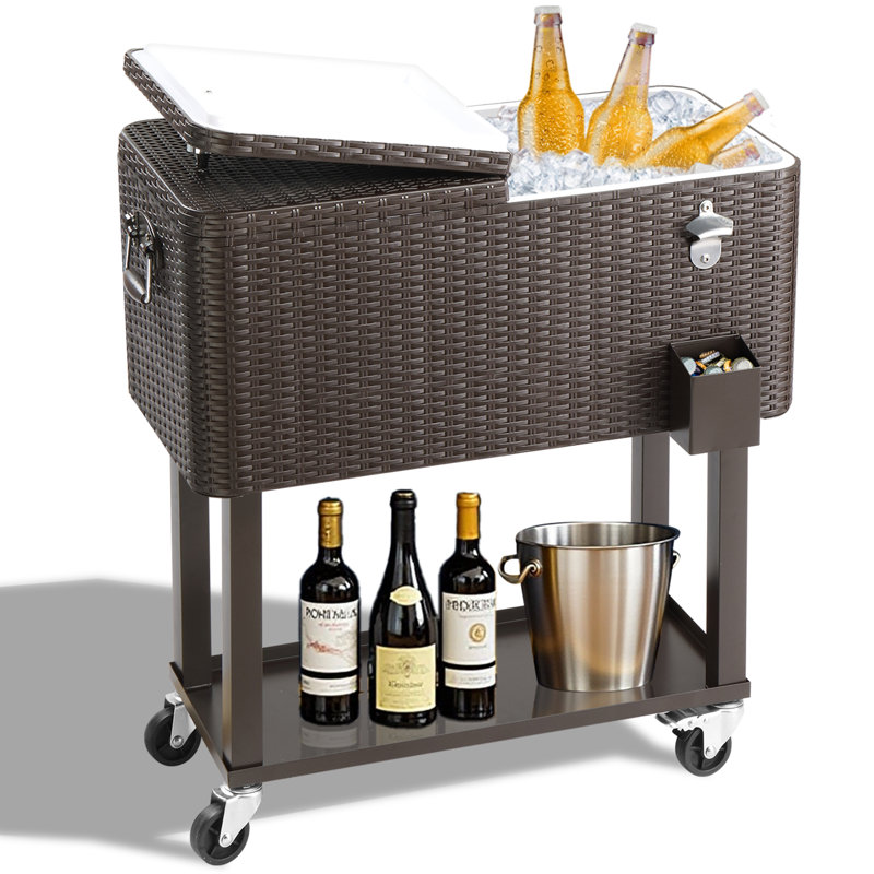 Rebuyhome 80 Quarts Serving Station / Cart Cooler with wheels in Brown