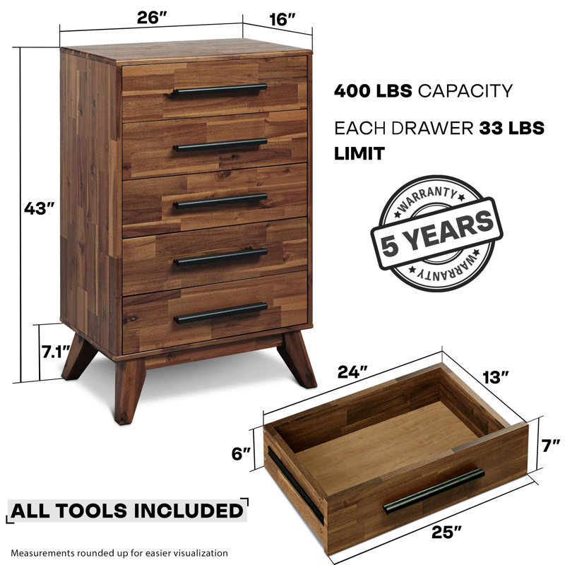  Commode 5 tiroirs en bois d'acacia massif, Noyer