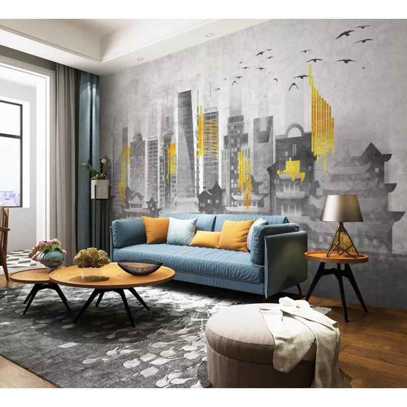 Papier peint amovible paysage urbain jaune, L 75 po x l 112 po