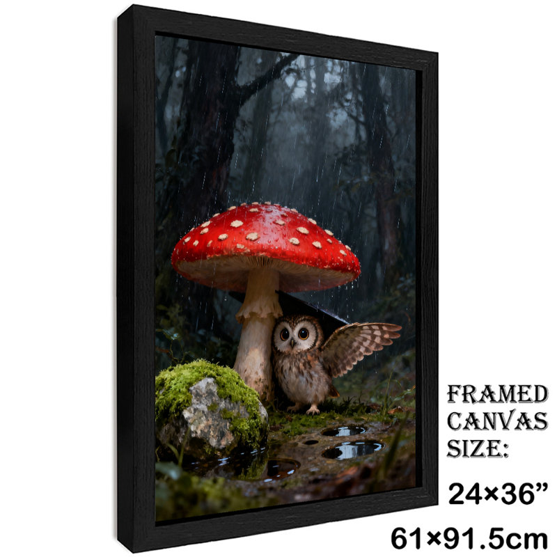 Art encadré noir Un hibou mignon se cachant sous la pluie sous des champignons rouges, impressions sur toile de style rétro