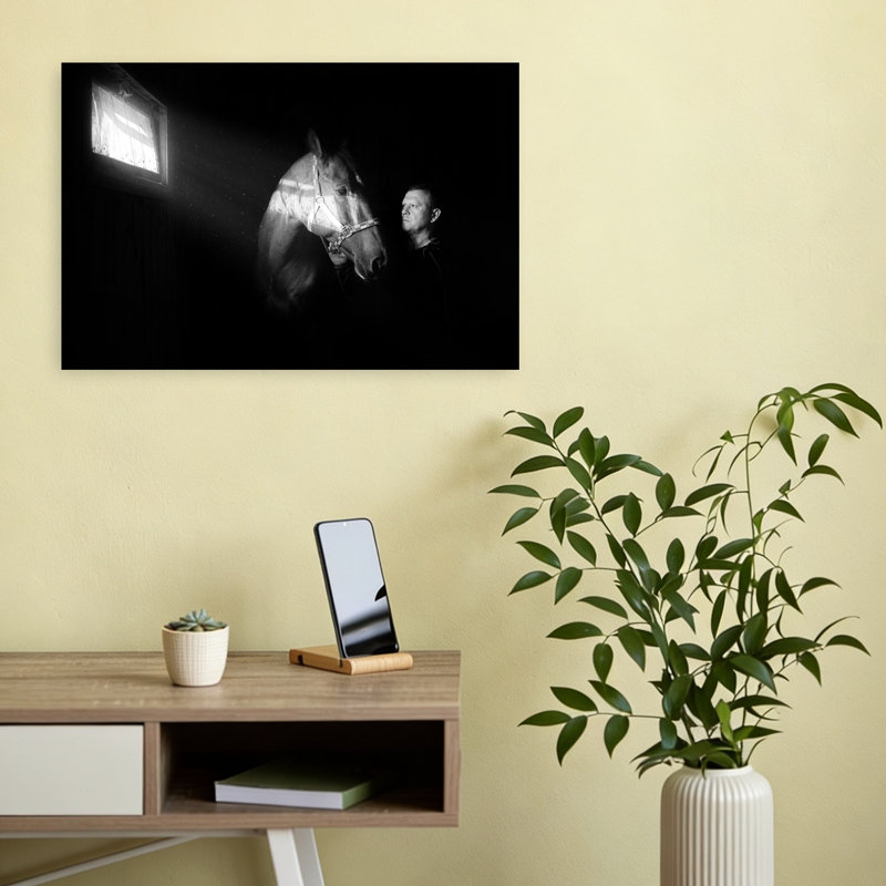 Man And Horse Bond Dramatic Peaceful Contemporary Horse Portrait Wall Art Print by Andrii Kazun - Print
