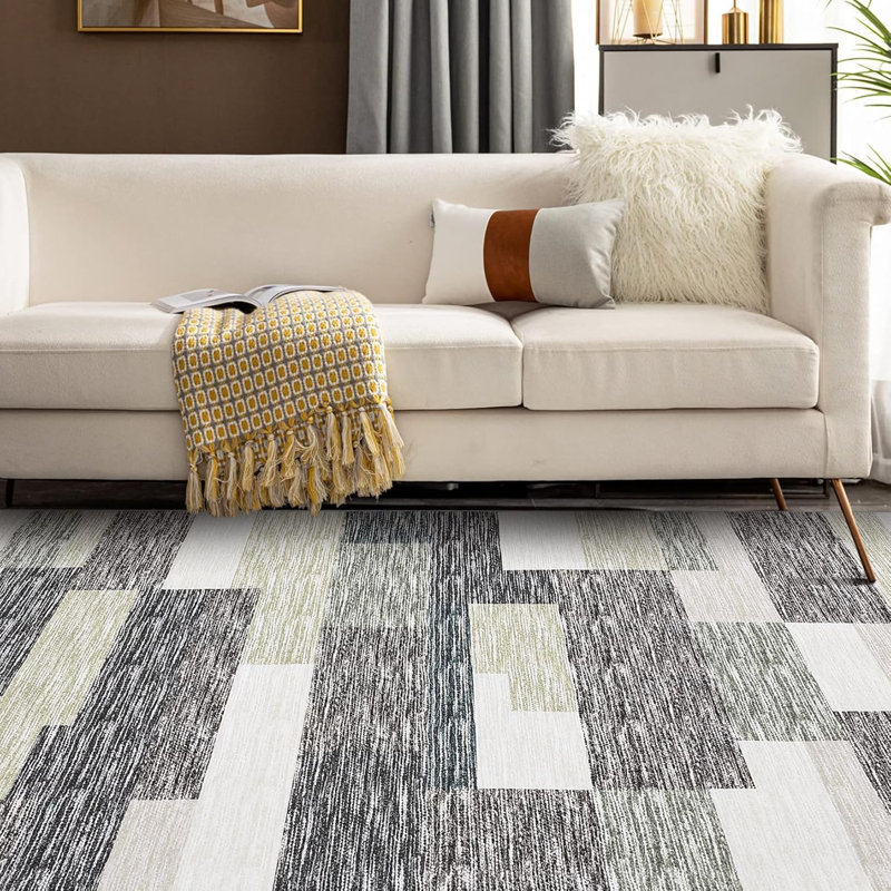 2x6 Modern Runner Rug, Geometric Patchwork, Non-Slip, Washable, Low Pile, Hallway, Foldable, Contemporary Carpet, Laundry, Gray, Camel.