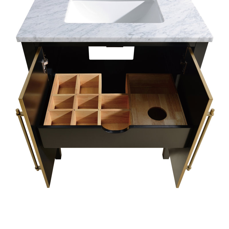 Mason 24" Single Bathroom Vanity with Carrara Marble Top, Carrara White, Black, Matte Gold
