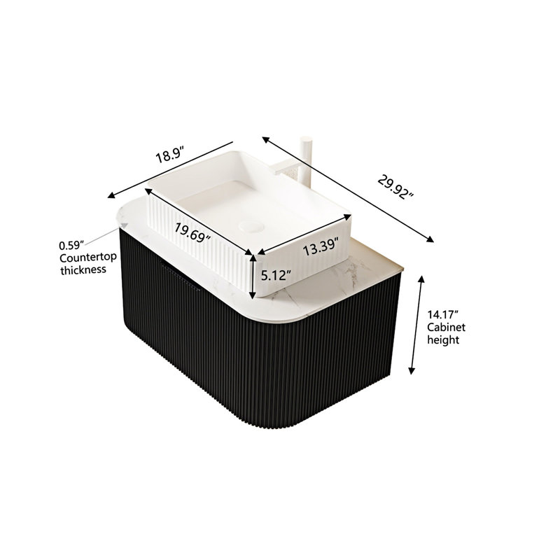 Meuble-lavabo mural flottant avec lavabo, 30", Noir, Blanc