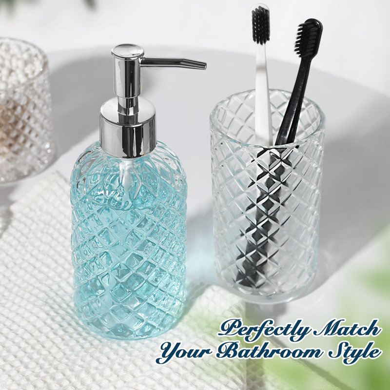 Ensemble d'accessoires de salle de bain, ensemble complet de 4 ensembles d'accessoires de salle de bain en verre transparent, distributeur de savon à diamant et porte-brosse à dents pour les essentiels de rangement de comptoir de salle de bain, décor de salle de bain moderne