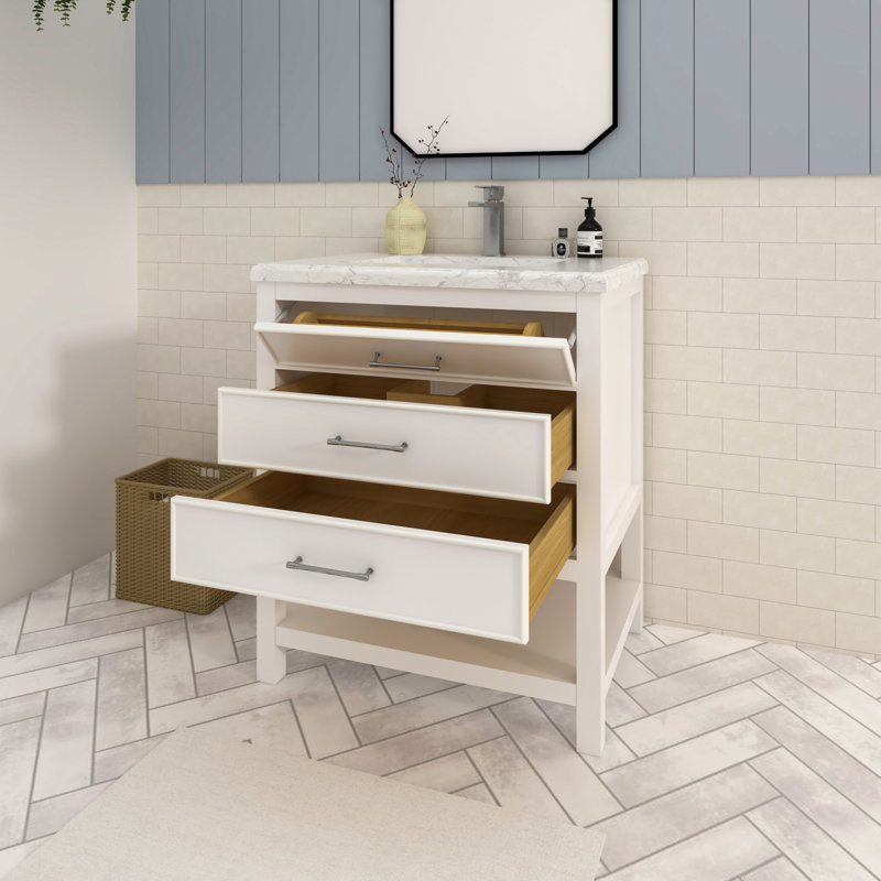 Nilles 30 in. Single Sink Freestanding with Open Shelf Bath Vanity in Matte White with Carrara Marble Top, White
