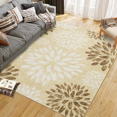 Tapis floral lavable Boho - Tapis antidérapant, résistant aux marques et à poils courts pour le salon, 10 x 13 pi - brun clair, spécification américaine