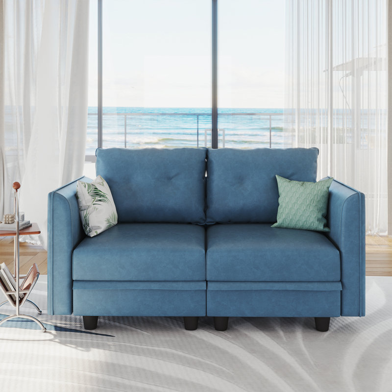 Canapé modulaire avec causeuse à accoudoirs incurvés en similicuir 60 po Dezmin, Bleu ciel